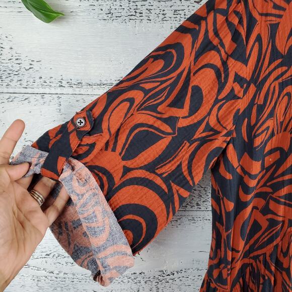 June + Vie Gauze Maxi Dress Abstract Orange Blue Sz 12 Coastal Grandmother - Picture 4 of 10